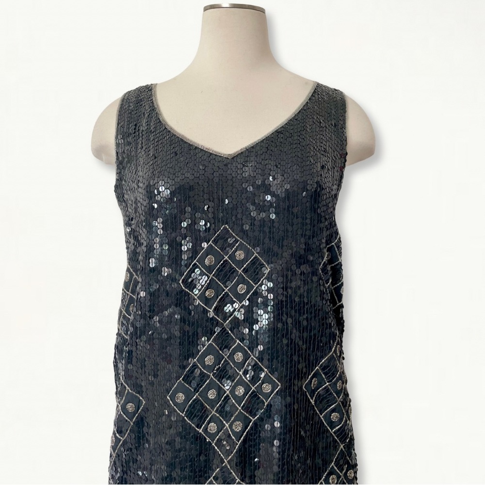 Vintage 100% Silk Full Sequin Geometric Beaded Sleeveless Top Size 12 - Picture 2 of 11